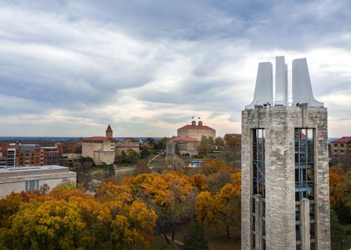 Aerial view of KU campus in the fall featuring the Campanile and Fraser Hall